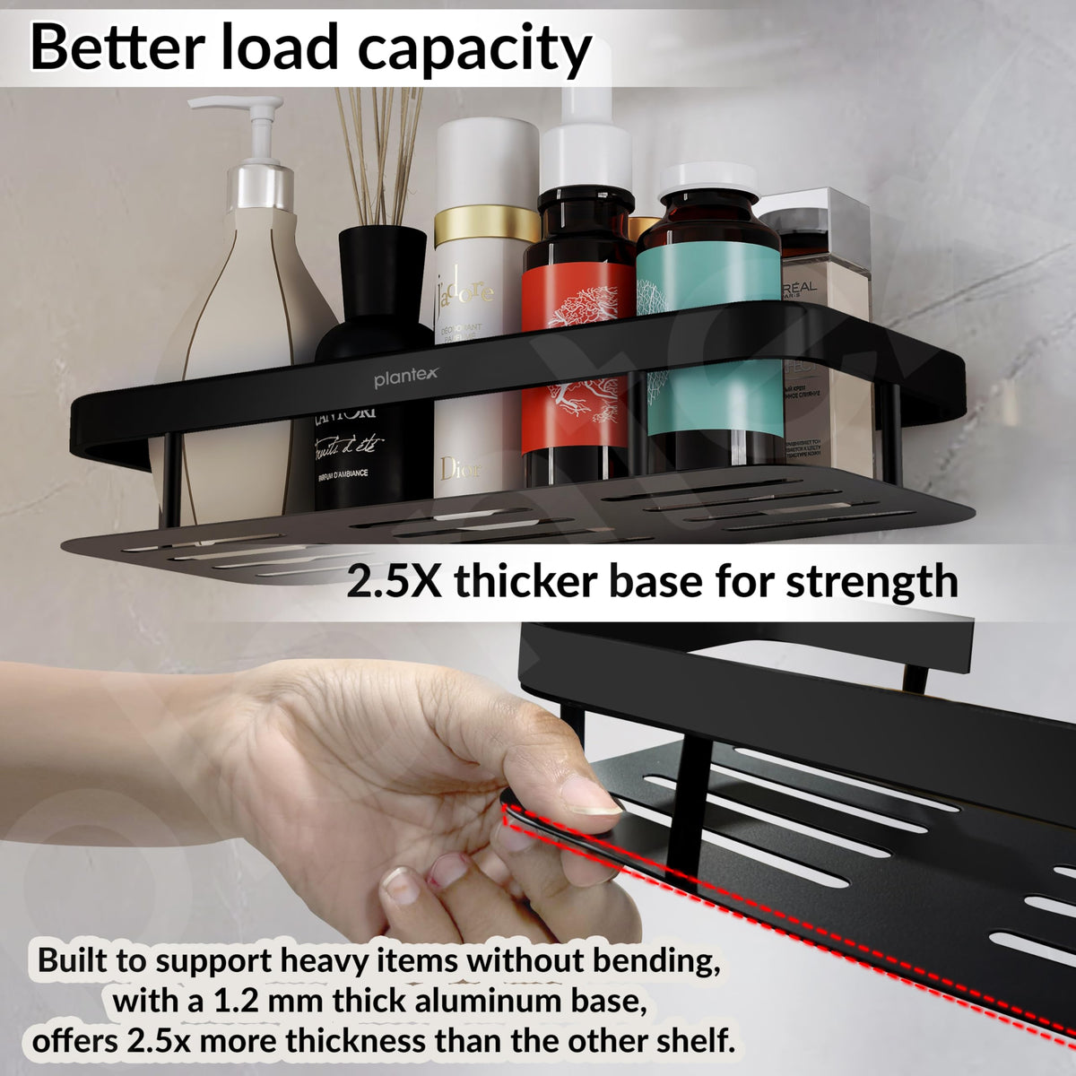 Plantex Aluminium Bathroom Shelf for Wall/Wall Mounted Shelves Without Drill/Self Adhesive Bathroom Shelf/Rack/Kitchen Organizer with Magic Sticker(12x5 inches, Matt Black)-3