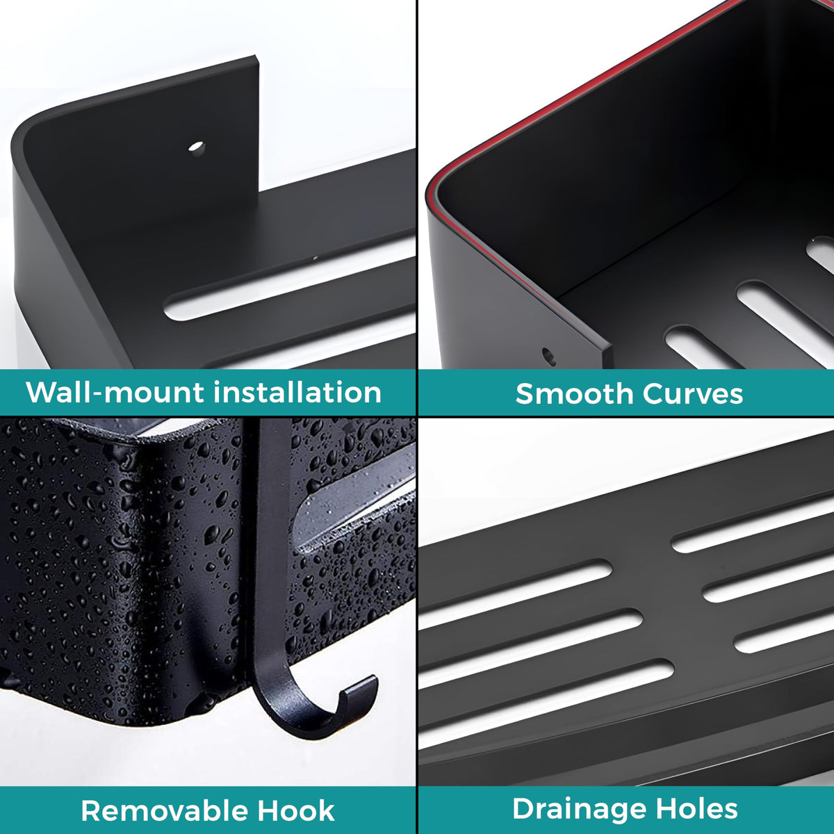 Plantex Bathroom Shelf for Wall/Space Aluminium Wall Mounted Shelf for Bathroom with Removable Hooks/Floating Shelf/Bathroom Organiser - 12x5 inches, Black (Pack of 1)-4