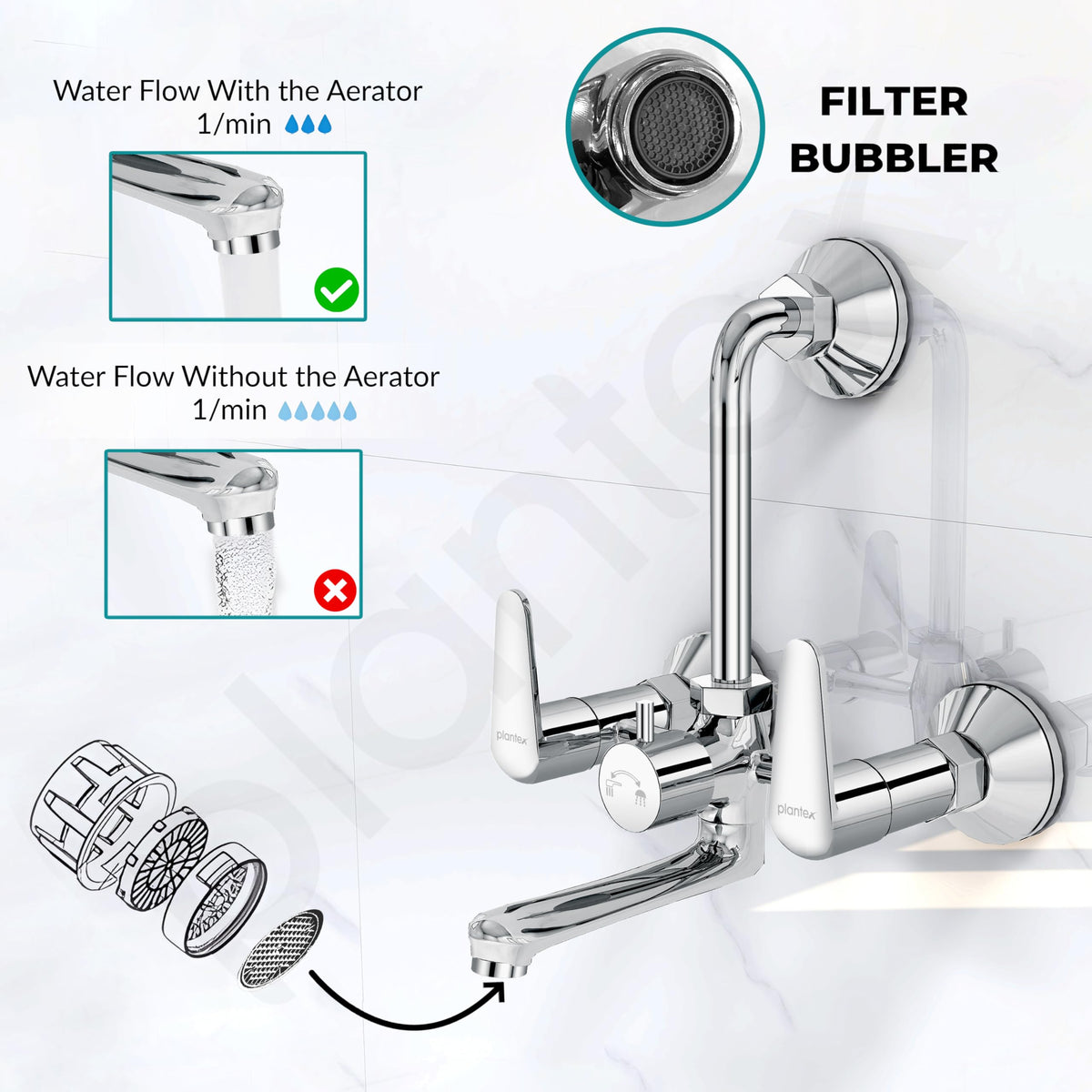 Plantex Pure Brass Wall Mixer for Bathroom 2 in 1 with L-Bend Connector/Tap Mixer/Nickel Chrome Mirror Finish Mixture Tap with Water Saving Aerotor - (DOL-2320-Chrome)-3