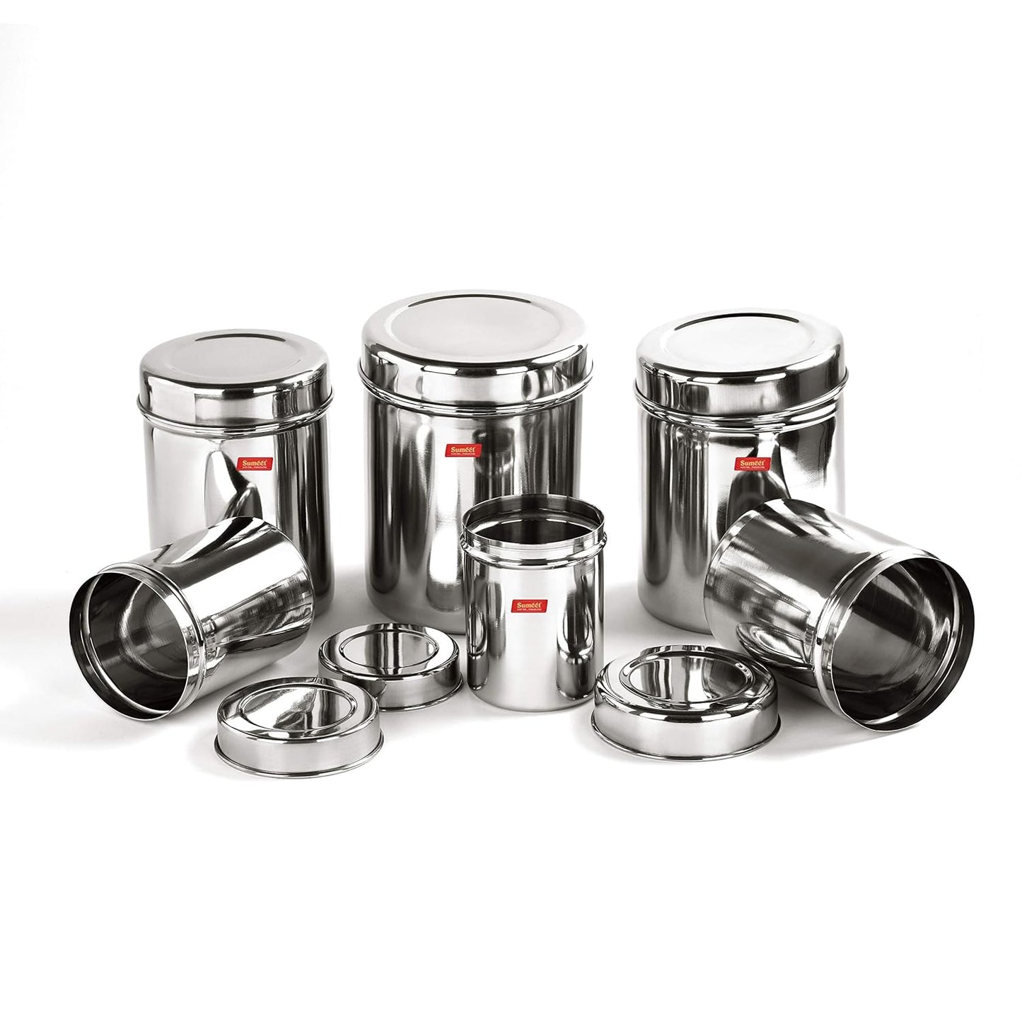 Sumeet Stainless Steel Vertical Canisters/Ubha Dabba/Storage Containers Set of 6Pcs (350ML, 500ML, 700ML, 900ML, 1.25Ltr, 1.6Ltr), Silver