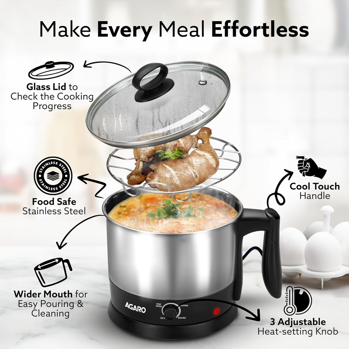 AGARO Esteem Electric Multi Kettle 1.2L, 600W, with Stainless Steel Body, Egg Rack, Grill Rack, 3 Heating Modes & Rapid Boil Technology, Boiling Water, Tea, Coffee, Oats, Noodle, Soup