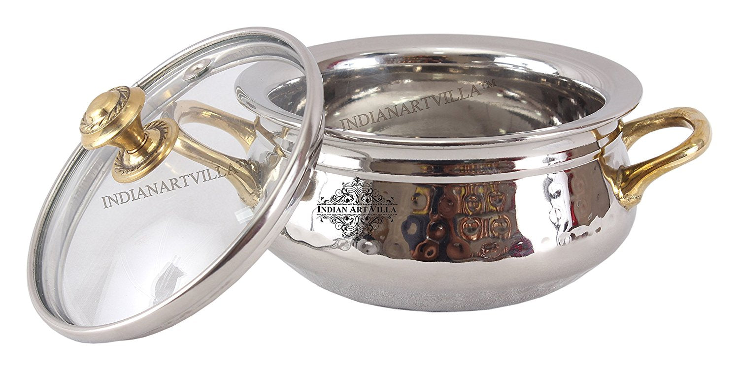 Hammered Steel Handi With Glass Lid & Brass Handle Elegant And Durable Handi- Perfect For Serving 450 ML