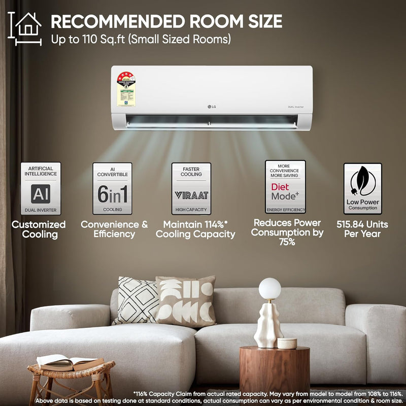 LG 1 Ton 4 Star DUAL Inverter Split AC (Copper, AI Convertible 6-in-1 Cooling, Faster Cooling & Energy Saving, 4 Way Swing, HD Filter with Anti-Virus Protection, 2026 Model, AS-Q13JNYE, White)