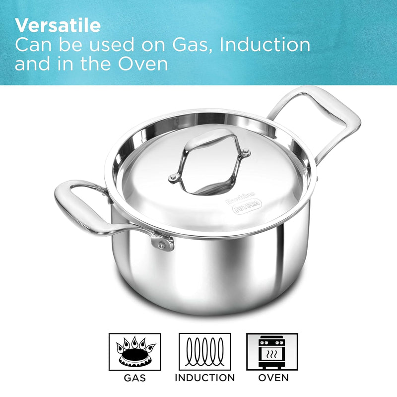 Hawkins 3 Litre Pro TriPly Stainless Steel Milk Pan with Stainless Steel Lid, Milk Pot, Sauce Pan, Silver (PSMP30S)