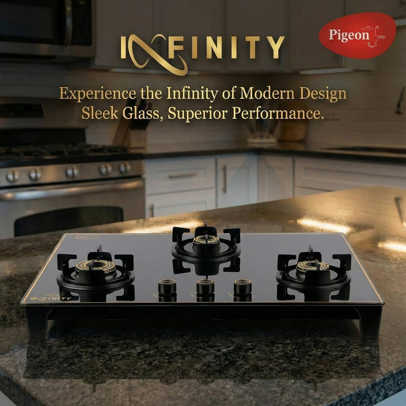 Pigeon Infinity Gold Gas Cooktop Glass Top and Stainless Steel Black Body 3 Burner Gas Stove | ISI Certified | Manual Ig