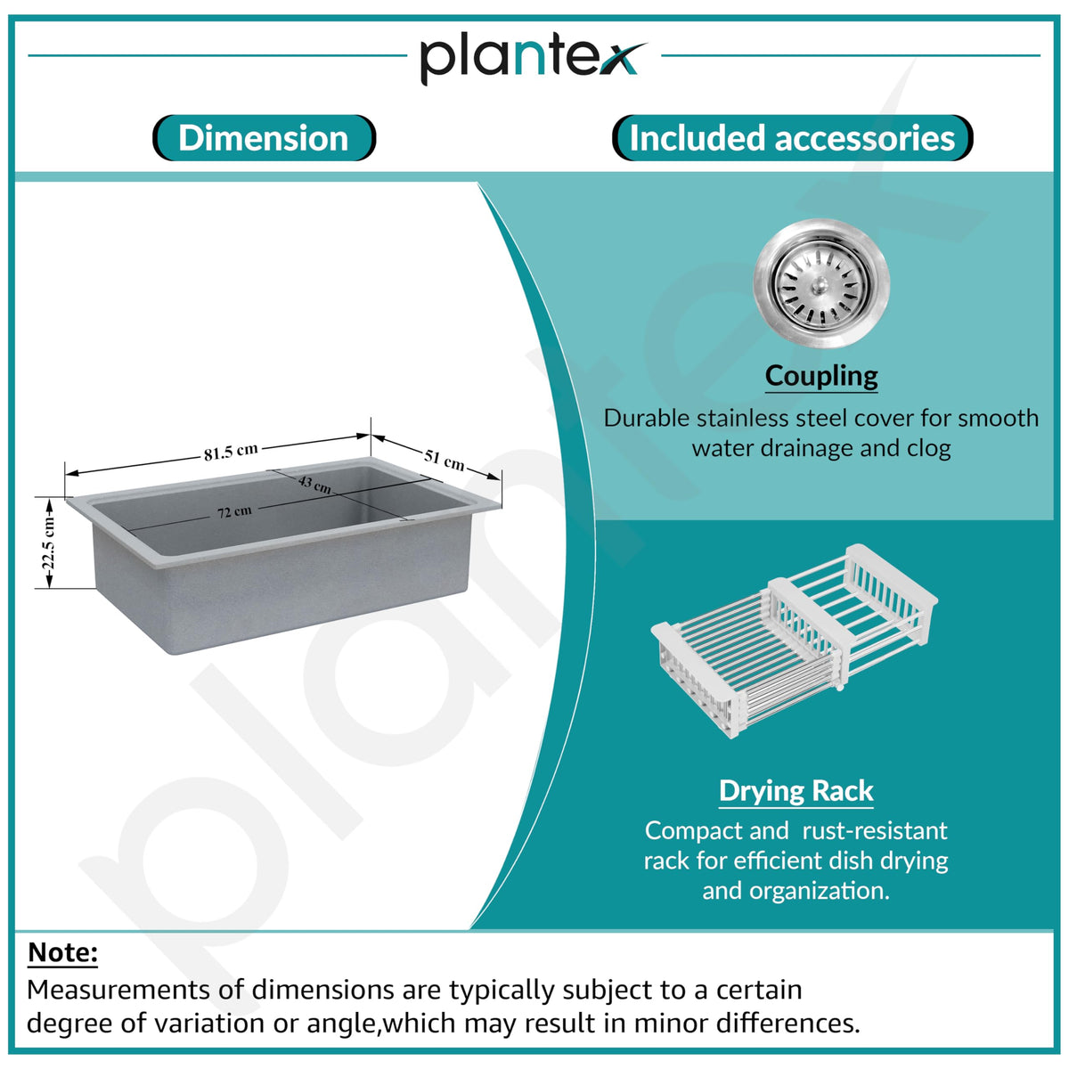 Plantex Metallic Quartz Acrylic Kitchen Sink With 10 Years Warranty /Undermount Sink For Kitchen/Metalic Single Bowl Kitchen Sinks With Coupling (Lintus 32X20 Inches),Grey-5