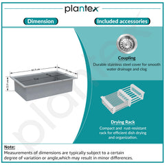 Plantex Metallic Quartz Acrylic Kitchen Sink With 10 Years Warranty /Undermount Sink For Kitchen/Metalic Single Bowl Kitchen Sinks With Coupling (Lintus 32X20 Inches),Grey-5