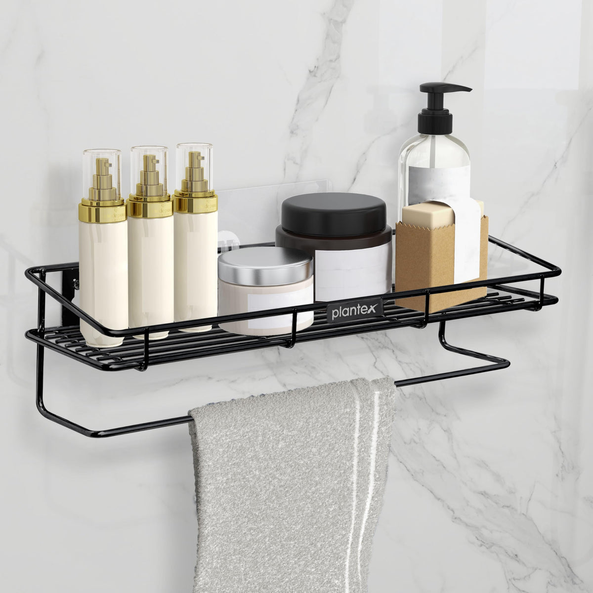 Plantex Bathroom Organizer Without Drill/GI Steel Multipurpose Bathroom Shelf/Wall Mounted Storage Rack/Towel Holder/Self Adhesive Bathroom Shelf- Wall Mount (Black)-1
