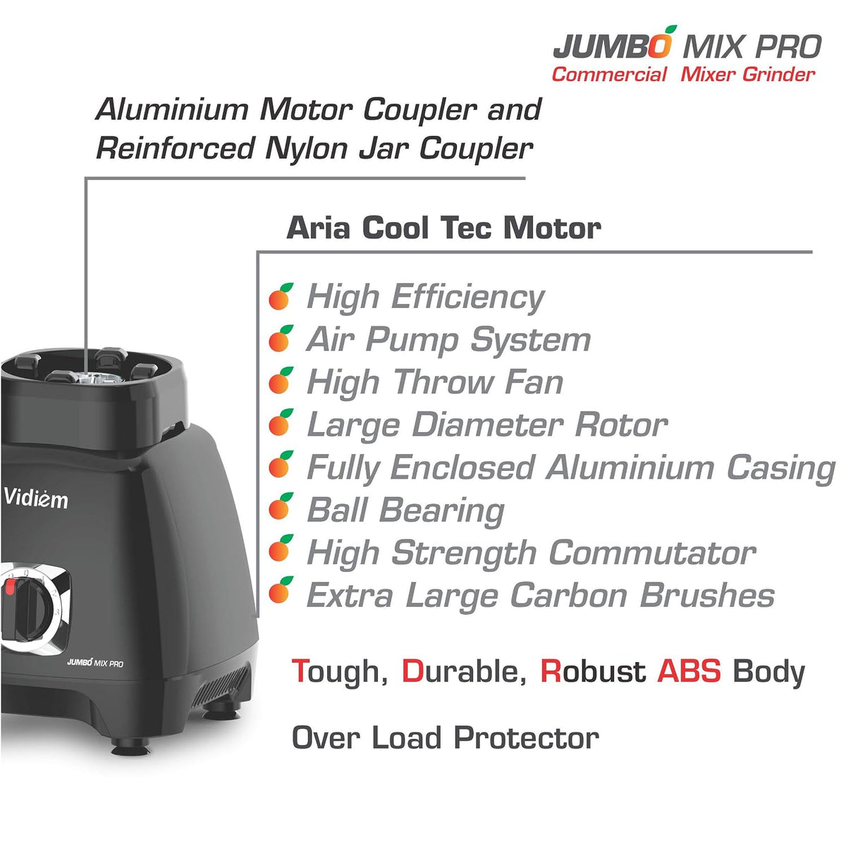Vidiem Jumbo Mix Pro 1000W Mixer Grinder (Black) | 3 Leakproof Jars | Self-Locking Jars for Wet & Dry Grinding | Double 