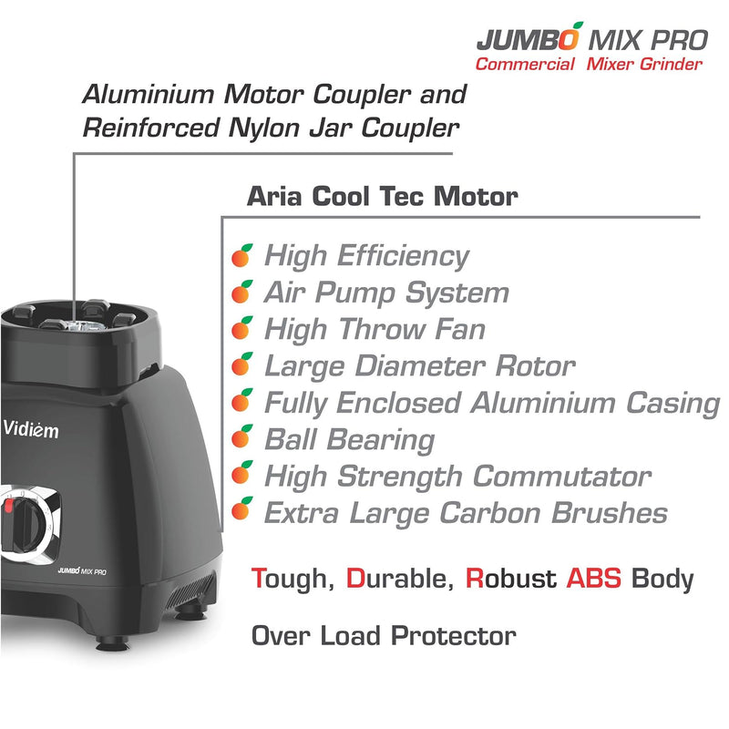 Vidiem Jumbo Mix Pro 1000W Mixer Grinder (Black) | 3 Leakproof Jars | Self-Locking Jars for Wet & Dry Grinding | Double 