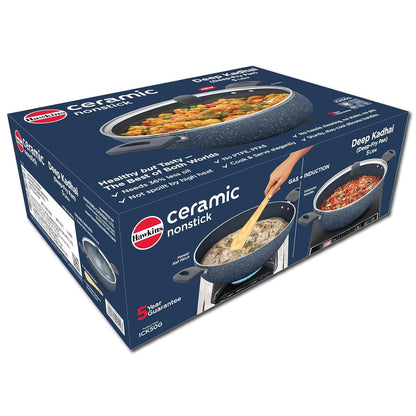 Hawkins Ceramic Nonstick 5 Litre Deep Kadhai, Induction Deep Fry Pan with Glass Lid, Granite Kadai (ICK50G)