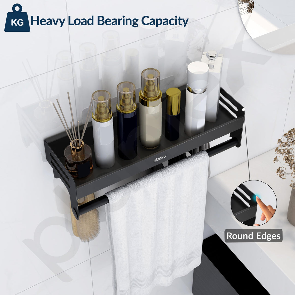 Plantex Aluminium Self Adhesive Bathroom Shelf with Towel Rod and Movable Hooks/Rack Shelf for Bathroom/Kitchen Shelf Organizer (Black)-4