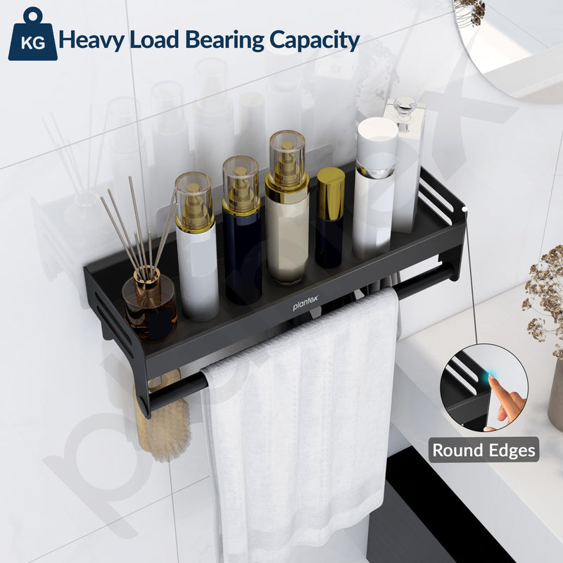 Plantex Aluminium Self Adhesive Bathroom Shelf with Towel Rod and Movable Hooks/Rack Shelf for Bathroom/Kitchen Shelf Organizer (Black)-4
