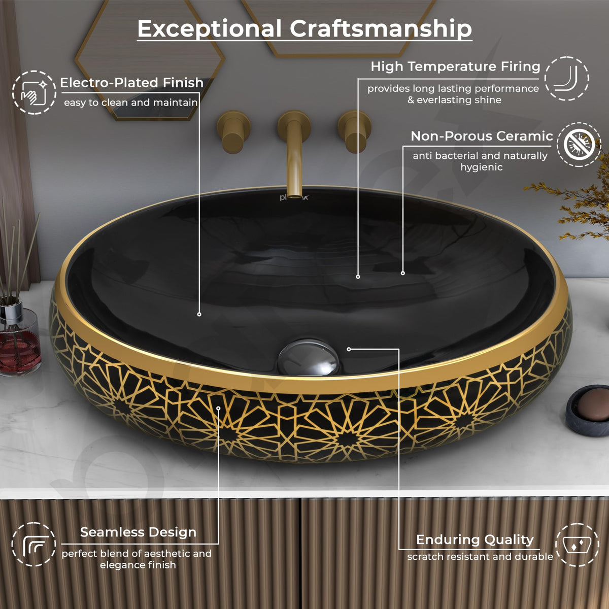 Plantex Ceramic Tabletop Washbasin for Bathroom/Designer Hand Wash Basin/Oval Vessel Sink Basin for Home/Hotel (23.5x16.5x6 Inch - Black & Gold)-4