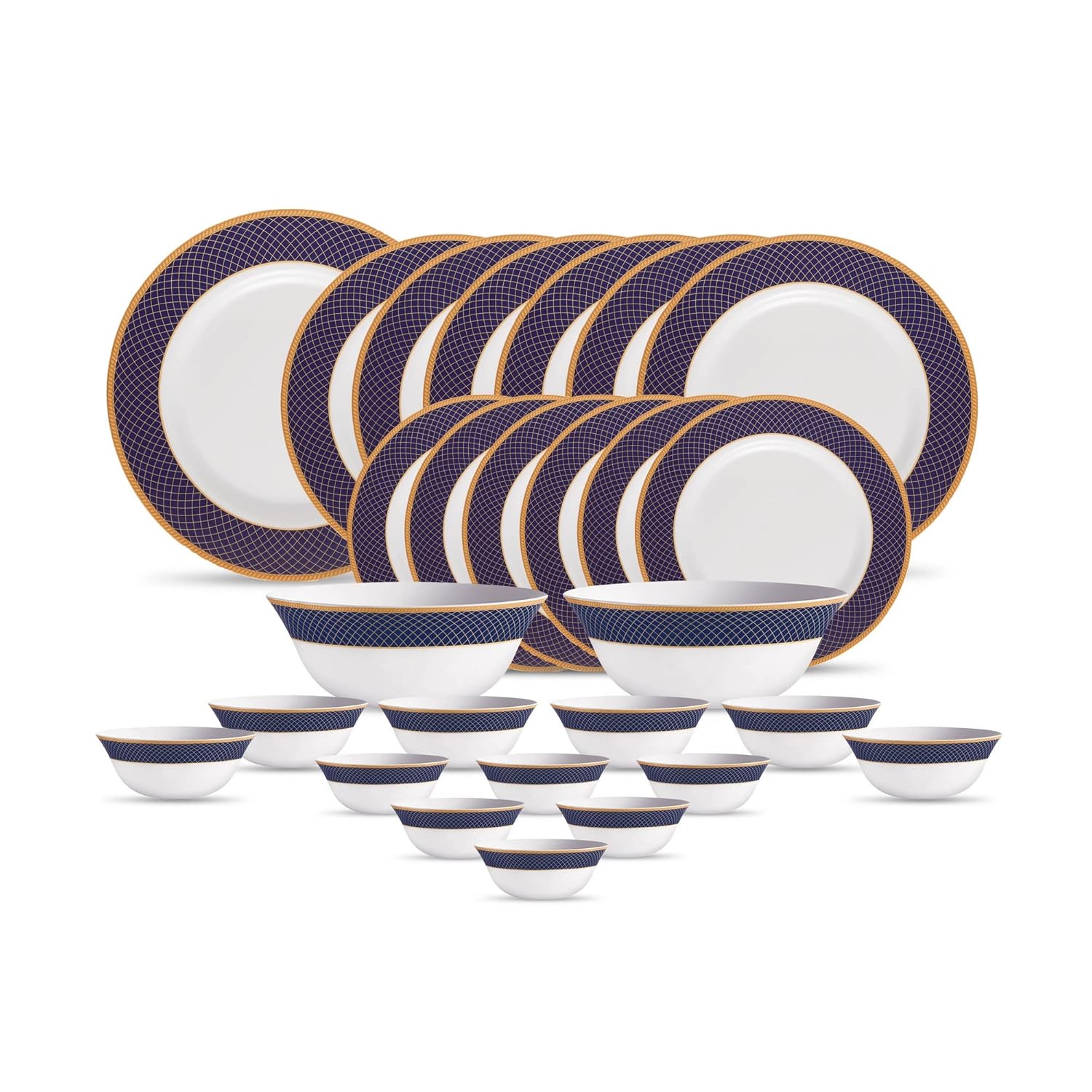 La Opala Diva Sovrana Collection Opal Glass Crockery | for Family of 6 | Dinner Set 27 pcs Regent Blue | Plates & Bowls for Dining | Microwave Safe | 100% Vegetarian | Extra Strong | Light & White