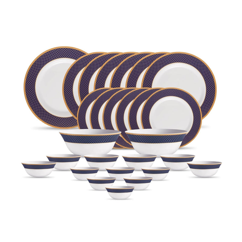 La Opala Diva Sovrana Collection Opal Glass Crockery | for Family of 6 | Dinner Set 27 pcs Regent Blue | Plates & Bowls for Dining | Microwave Safe | 100% Vegetarian | Extra Strong | Light & White