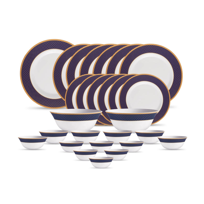 La Opala Diva Sovrana Collection Opal Glass Crockery | for Family of 6 | Dinner Set 27 pcs Persian Silver | Plates & Bowls for Dining | Microwave Safe | 100% Vegetarian | Extra Strong | Light & White