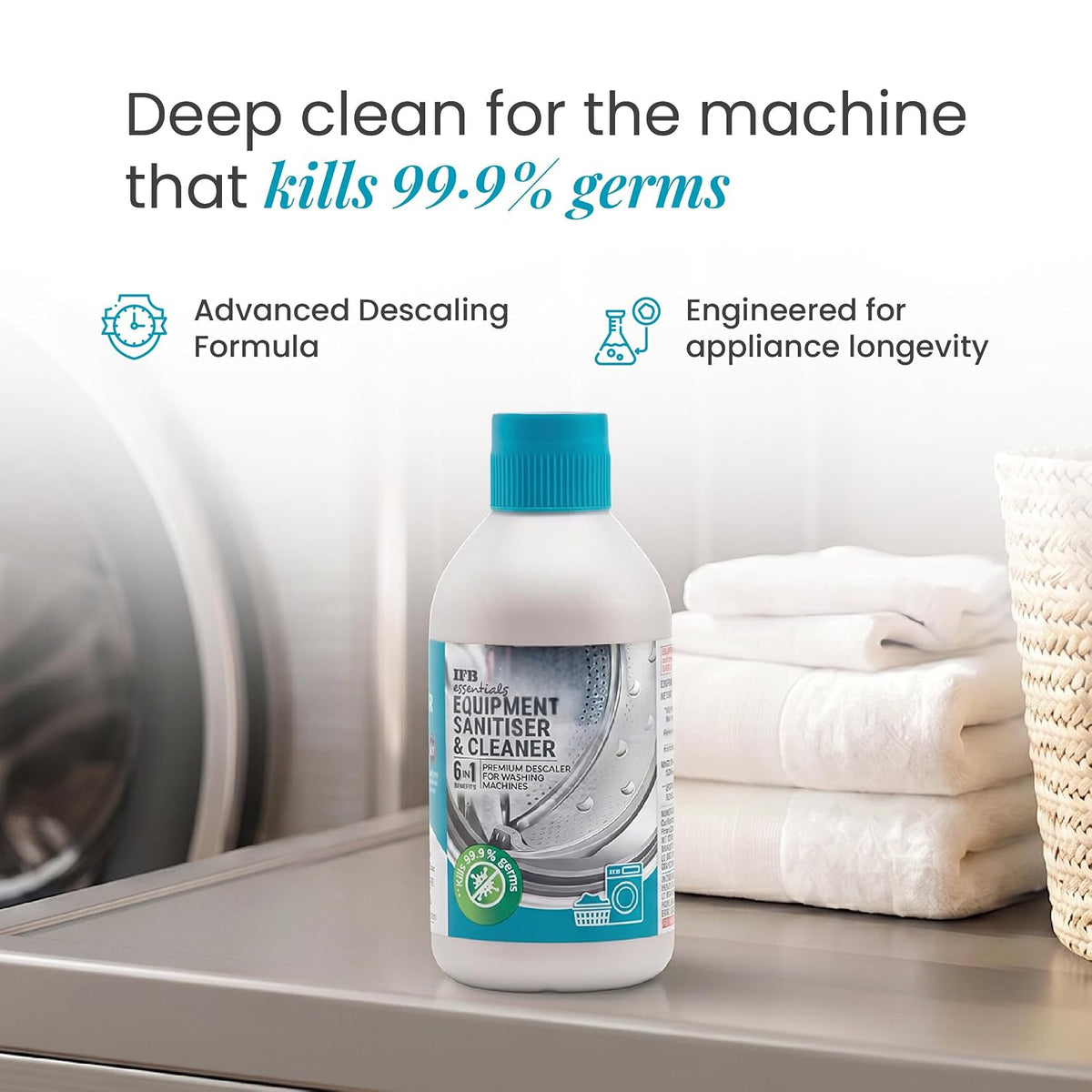 IFB Essentials Equipment Sanitiser & Cleaner for Washing Machines | Liquid Descal 250ml | Removes Residual Dirt, Limesca