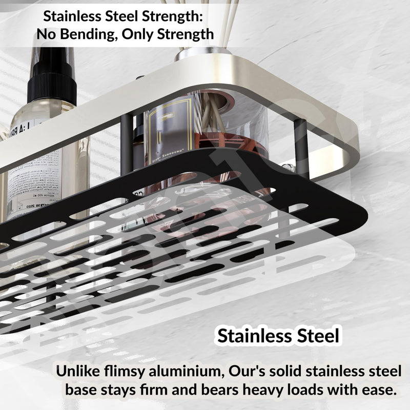 Plantex Bathroom Organizer Without Drill/Stainless Steel & Aluminium Shelf for Wall with Adhesive Stickers - Pack of 4 (12x5 inches, Satin & Black)-4