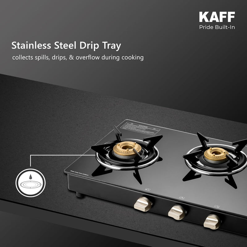 Kaff CTC 77 3B Gas Stove/Cooktop 3 Burners with Manual Ignition 77 CM, High Efficiency Brass Burners, Black Tempered Gla
