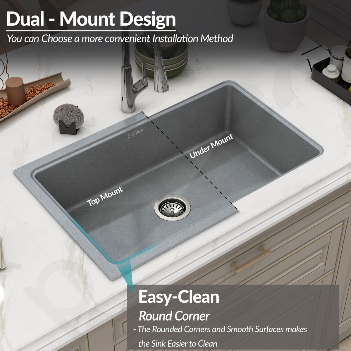 Plantex Metallic Quartz Acrylic Kitchen Sink With 10 Years Warranty /Undermount Sink For Kitchen/Metalic Single Bowl Kitchen Sinks With Coupling (Lintus 32X20 Inches),Grey-4