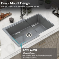 Plantex Metallic Quartz Acrylic Kitchen Sink With 10 Years Warranty /Undermount Sink For Kitchen/Metalic Single Bowl Kitchen Sinks With Coupling (Lintus 32X20 Inches),Grey-4