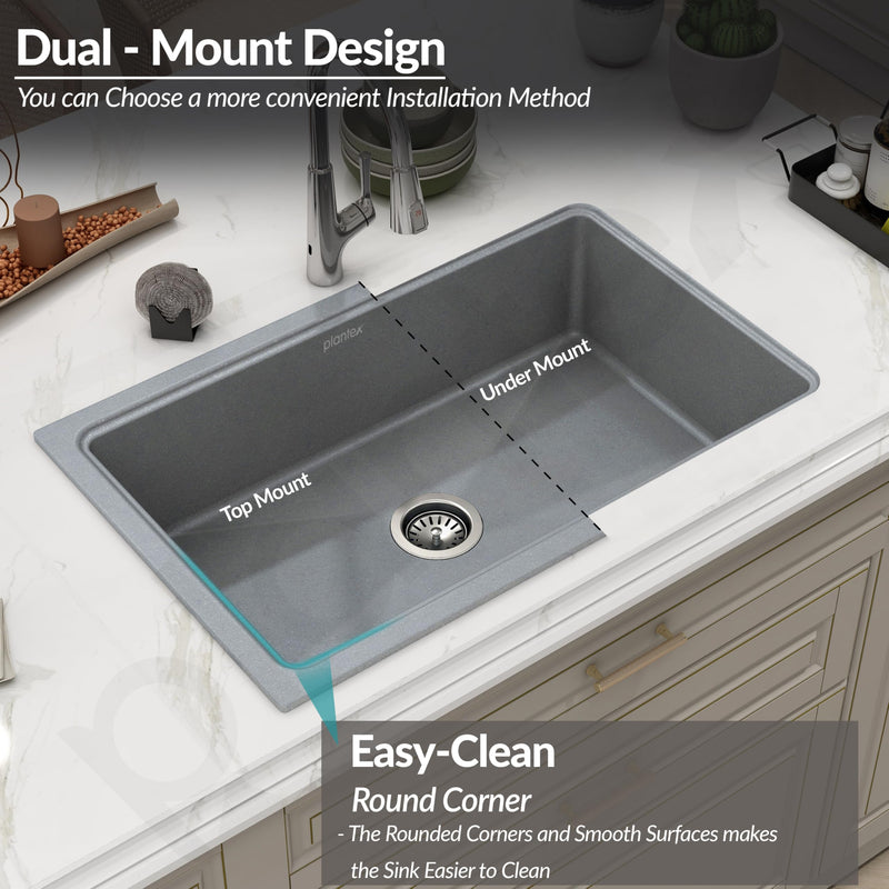 Plantex Metallic Quartz Acrylic Kitchen Sink With 10 Years Warranty /Undermount Sink For Kitchen/Metalic Single Bowl Kitchen Sinks With Coupling (Lintus 32X20 Inches),Grey-4