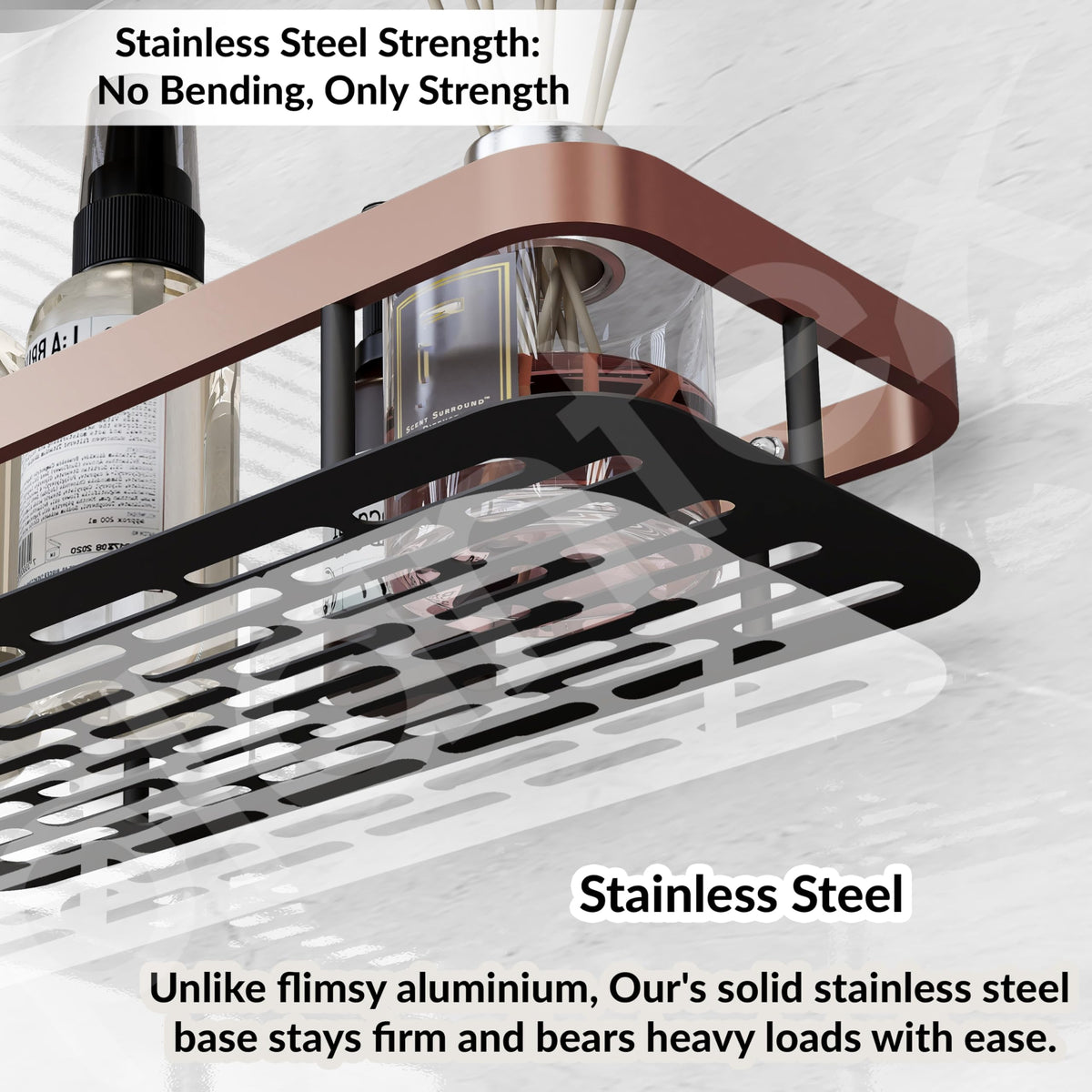 Plantex Bathroom Organizer Without Drill/Stainless Steel & Aluminium Shelf for Wall with Adhesive Stickers - Pack of 4 (12x5 inches, Copper & Black)-4