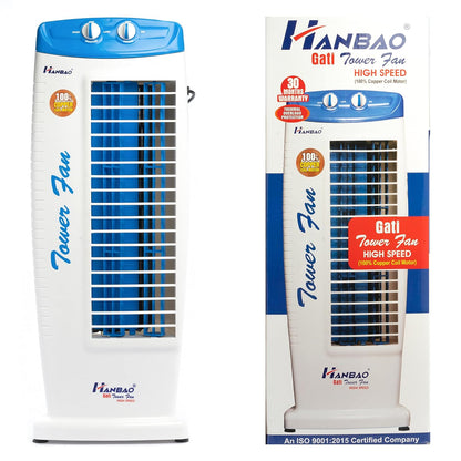 HANBAO High-Speed Tower Fan with TOP safety copper motor, 3 Speed - 2 Way Air Deflection, High Air delivery @ 2300 m3/hr, upto150 watts, GATI, 30 months warranty