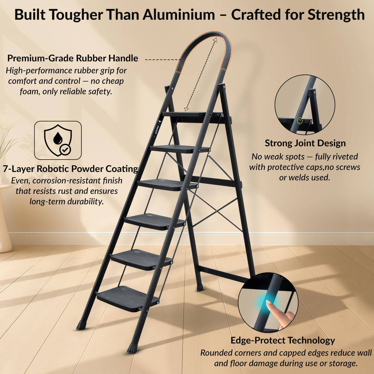 Plantex Hercules Pro 6-Step Foldable Ladder for Home with 150 kg Load Capacity/Heavy-Duty Steel Ladder/Anti-Slip Wide Step/Strong, Stable & Multi-Purpose (Black)-3