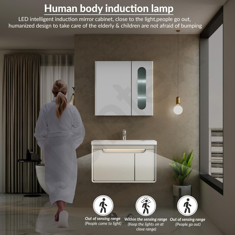 Plantex Unbreakable Wall Mount Wash Basin with Cabinet Full Set/Plywood Bathroom Vanity with Mirror, Coupling & Cabinet Motion Sensor Light (NZBC-35 - Beige)-4