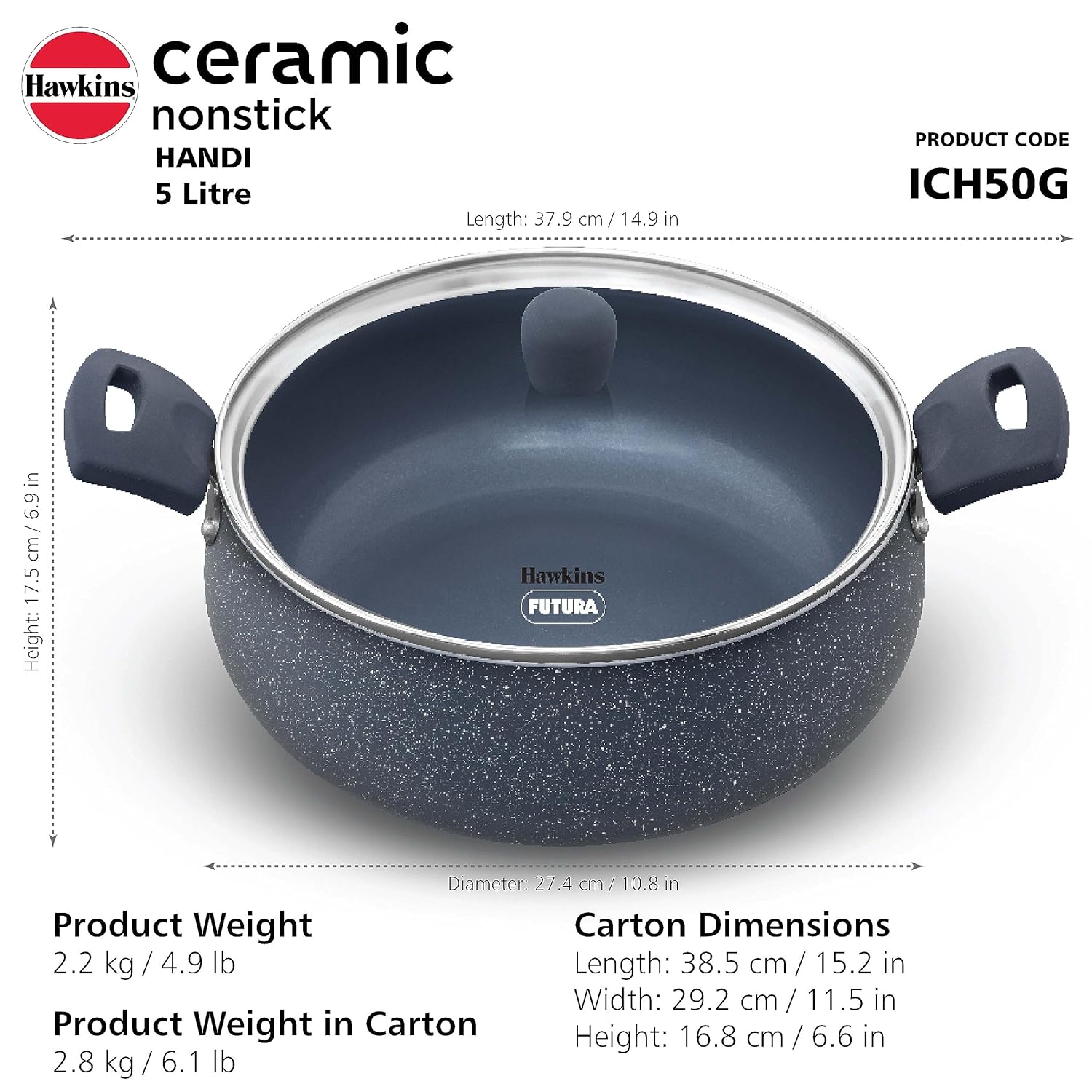 Hawkins Ceramic Nonstick Handi, 5 Litre, Induction Biryani Pot, Granite Casserole (ICH50G)