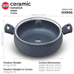 Hawkins Ceramic Nonstick Handi, 5 Litre, Induction Biryani Pot, Granite Casserole (ICH50G)