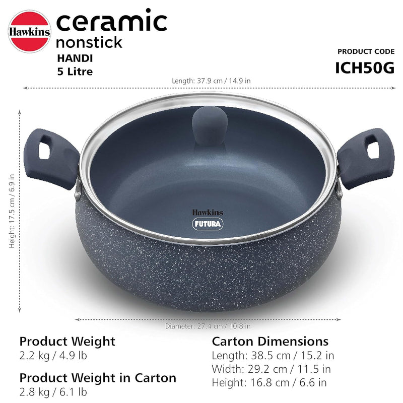 Hawkins Ceramic Nonstick Handi, 5 Litre, Induction Biryani Pot, Granite Casserole (ICH50G)