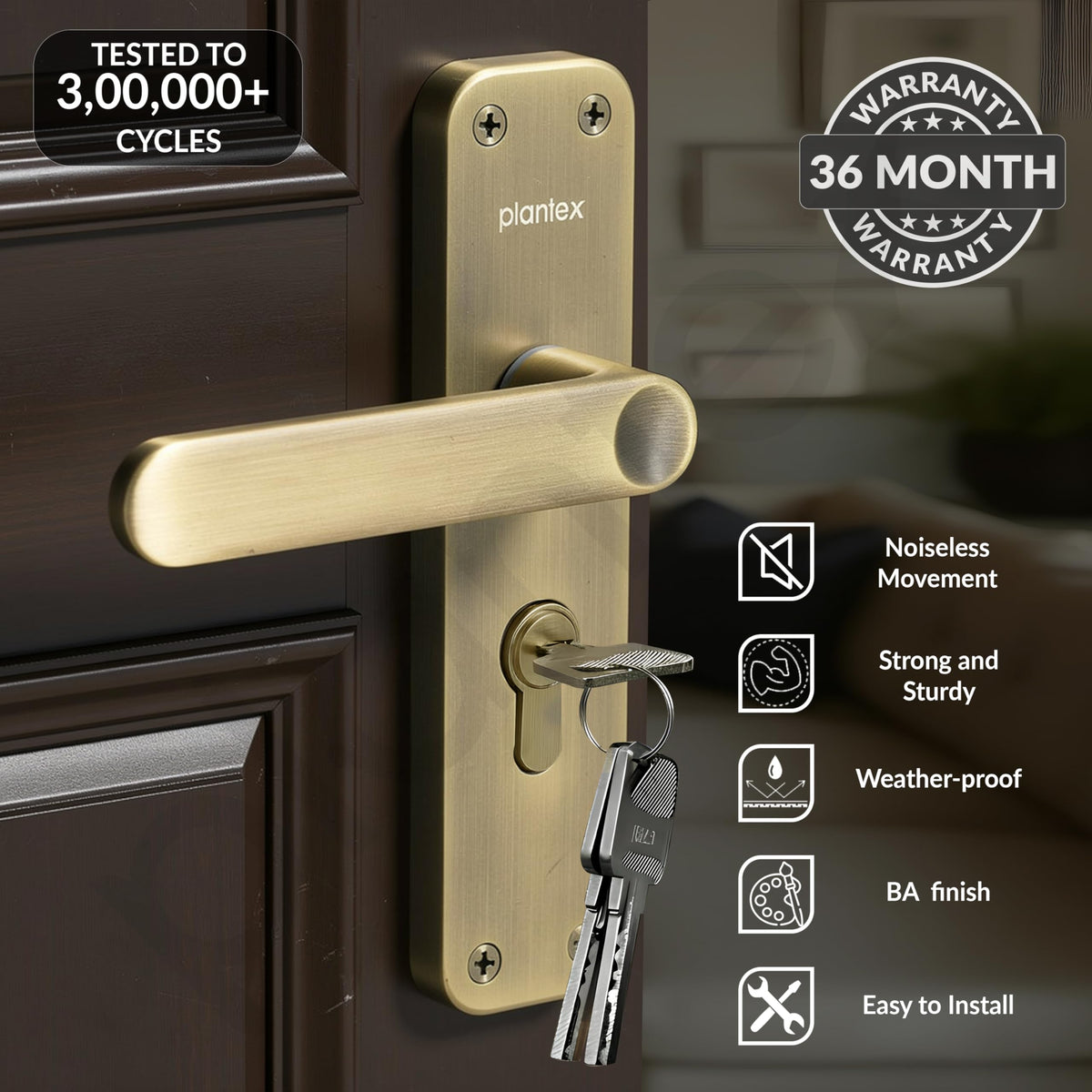 Plantex Heavy-Duty Door Lock/Door Handle Set with 3 Years of Warranty/Mortise Lock with 3 Keys, Brass Lockbody & Cylinder (8136 - Brass Antique)-2
