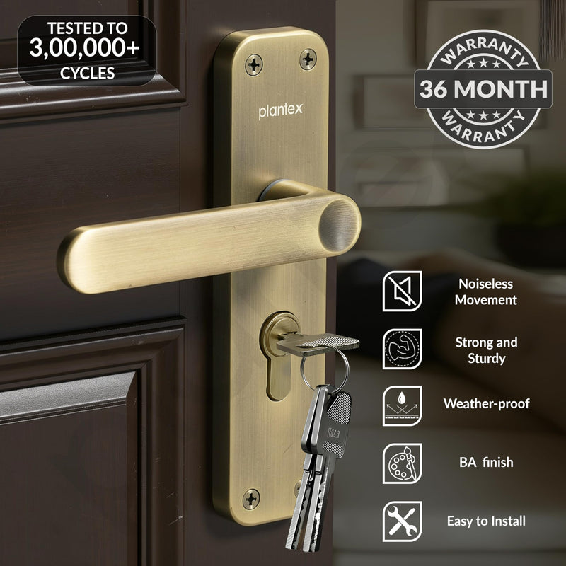 Plantex Heavy-Duty Door Lock/Door Handle Set with 3 Years of Warranty/Mortise Lock with 3 Keys, Brass Lockbody & Cylinder (8136 - Brass Antique)-2