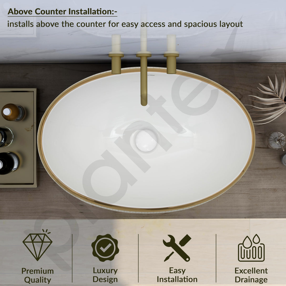 Plantex Tabletop Wash Basin for Bathroom/Designer Ceramic Basin/Countertop Vessel Sink Basin for Home/Hotel - (16016, White & Gold)-5