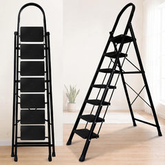HOUZA Steel Ladder for Home 7 Steps Foldable with Anti-Skid Wide Steps (30cm x 20cm) | 7 Step Ladder for Home Use with D-Shape Rods | Secure Lock | 150 Kg Capacity Folding Ladder | 5 Year Warranty