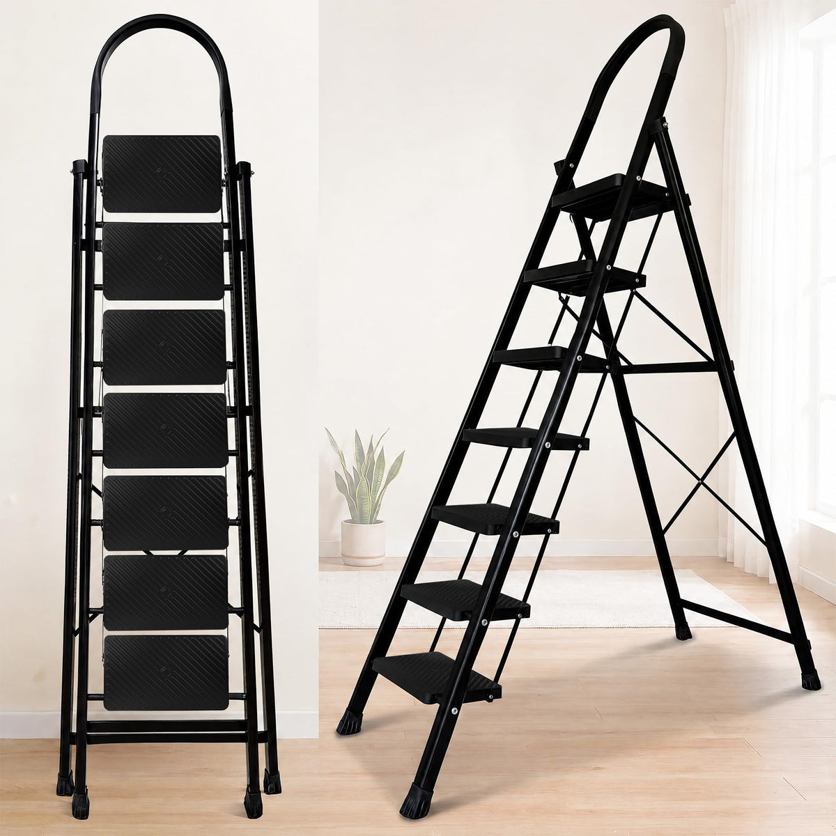 HOUZA Steel Ladder for Home 6 Steps Foldable with Anti-Skid Wide Steps (30cm x 20cm) | 6 Step Ladder for Home Use with D-Shape Rods | Secure Lock | 150 Kg Capacity Folding Ladder | 5 Year Warranty