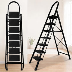 HOUZA Steel Ladder for Home 6 Steps Foldable with Anti-Skid Wide Steps (30cm x 20cm) | 6 Step Ladder for Home Use with D-Shape Rods | Secure Lock | 150 Kg Capacity Folding Ladder | 5 Year Warranty