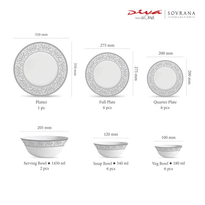 La Opala Diva Sovrana Collection Opal Glass Crockery | for Family of 6 | Dinner Set 27 pcs Persian Silver | Plates & Bowls for Dining | Microwave Safe | 100% Vegetarian | Extra Strong | Light & White