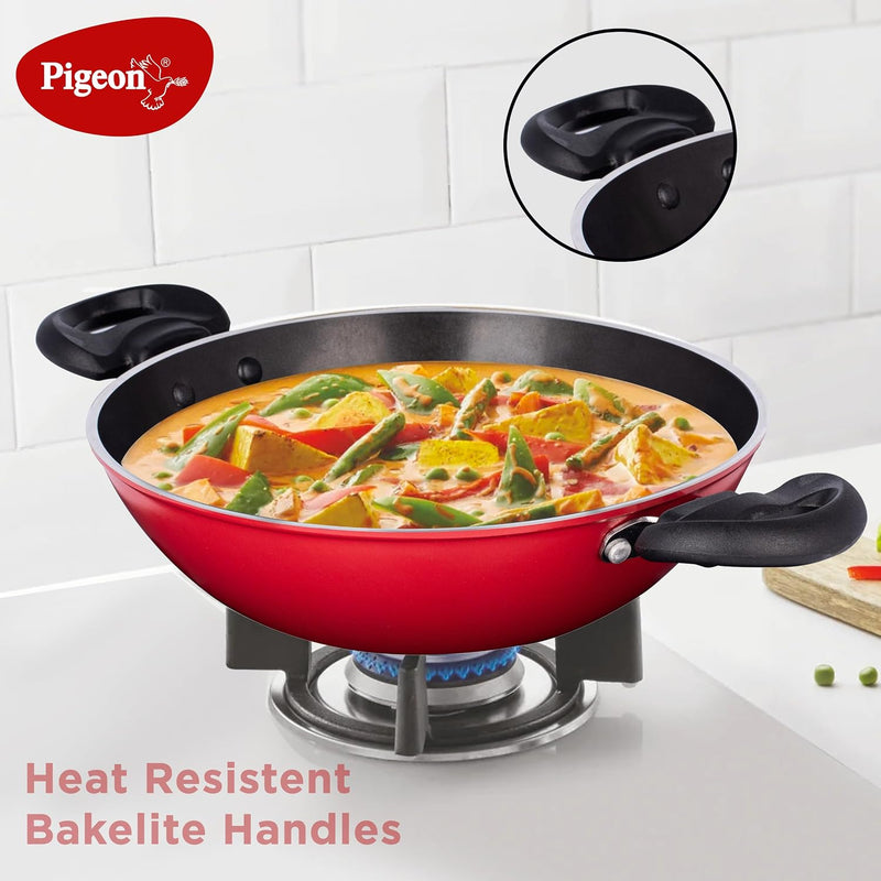 Pigeon by Stovekraft Basics Aluminium Non Stick, Non Induction Base Kadai with Glass Lid, 24CM/2.2 Liters, Red