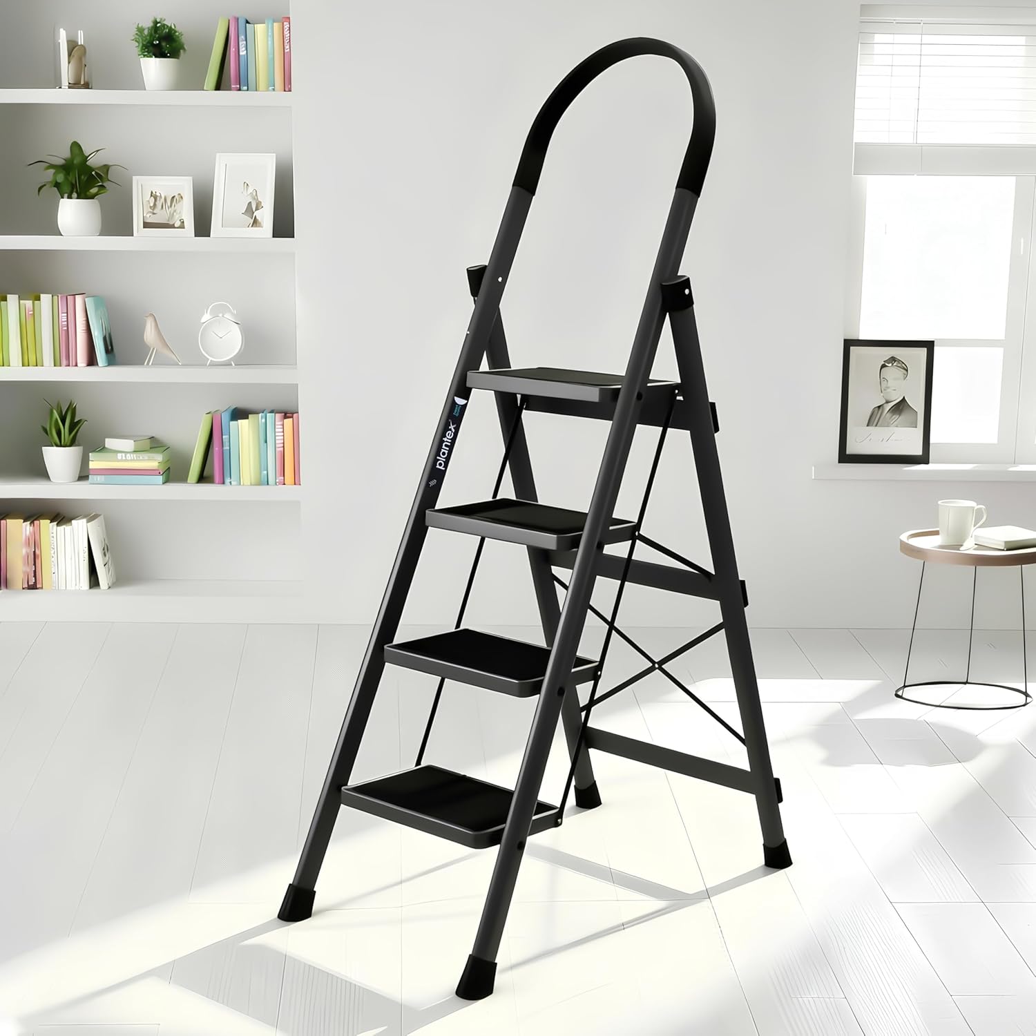 Plantex Ladder for Home 4 Steps/Foldable Ladder with Anti-Skid Wide Steps (30L x 20W cm)/Strong D-Shape Pipe with X-Support for More Stability/5 Year Warranty(Apex-Black)