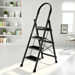 Plantex Ladder for Home 4 Steps/Foldable Ladder with Anti-Skid Wide Steps (30L x 20W cm)/Strong D-Shape Pipe with X-Support for More Stability/5 Year Warranty(Apex-Black)