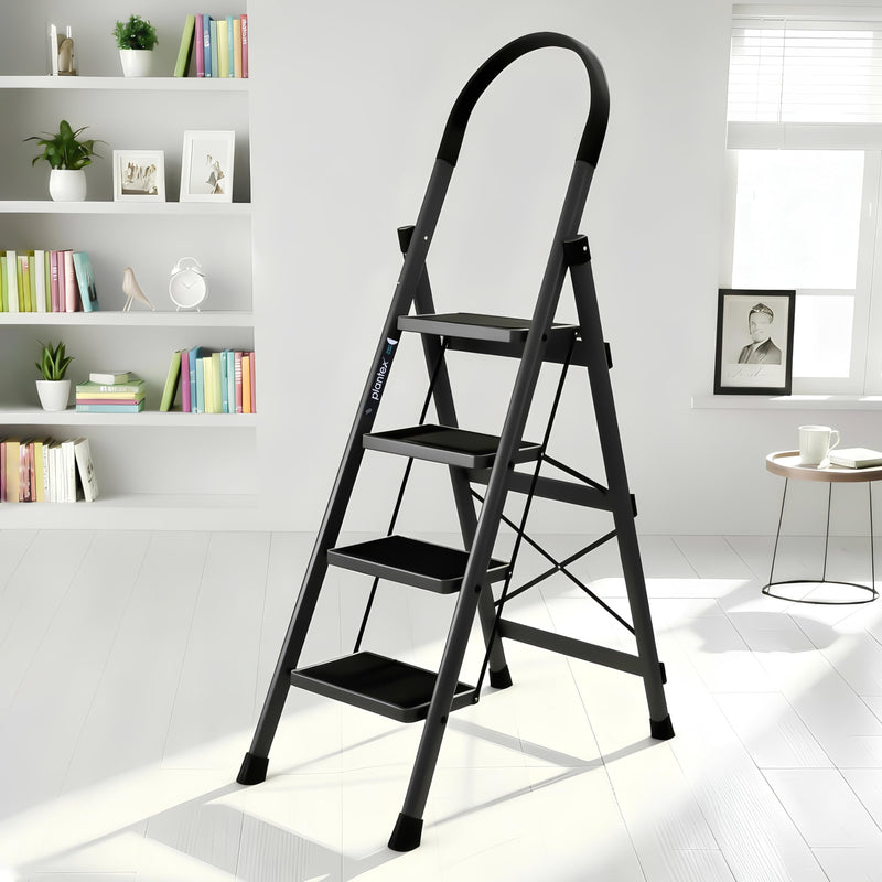 Plantex Ladder for Home 4 Steps/Foldable Ladder with Anti-Skid Wide Steps (30L x 20W cm)/Strong D-Shape Pipe with X-Support for More Stability/5 Year Warranty(Apex-White)