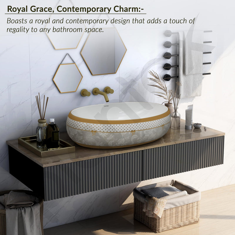 Plantex Tabletop Wash Basin for Bathroom/Designer Ceramic Basin/Countertop Vessel Sink Basin for Home/Hotel - (16016, White & Gold)-2