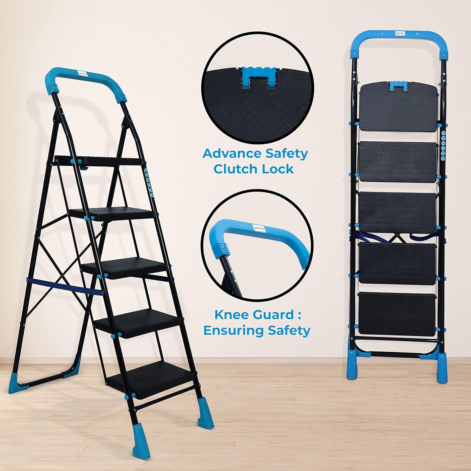 Plantex Heavy-Duty Mild Steel Stylo Folding Ladder with Wide Steps/5 Steps Ladder for Home with Advanced Locking System - 5 Wide Step Ladder(Black & Blue)