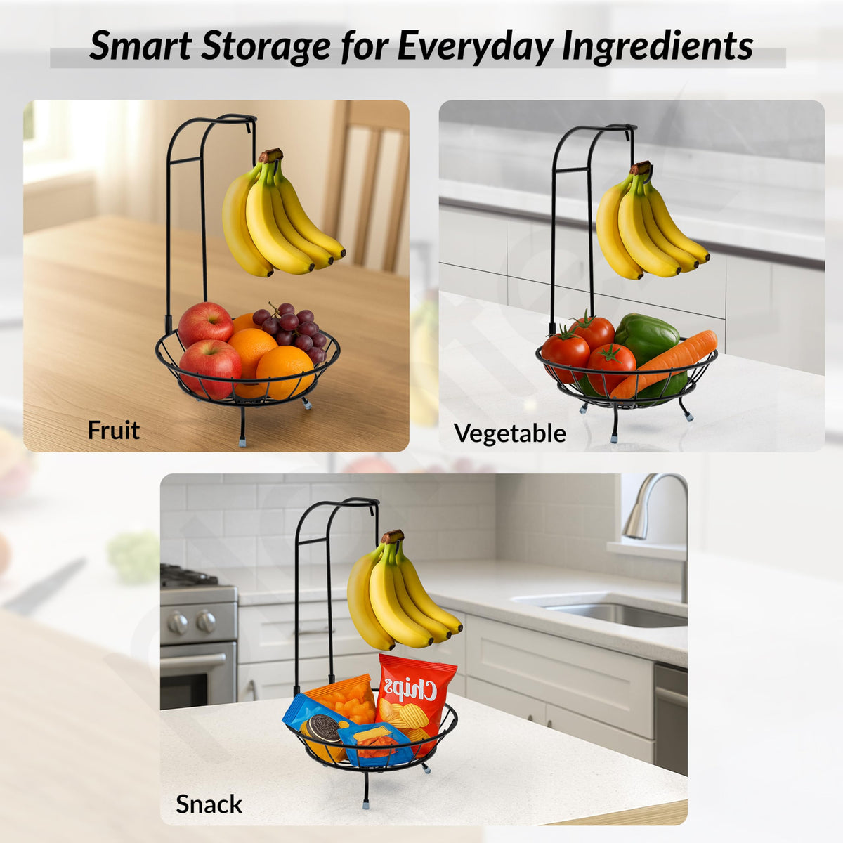 Plantex Metal Fruit Basket with Hook/2-in-1 Banana Stand/Fruit Hanger & Vegetable Bowl for Dining Table & Kitchen -(Black)-3
