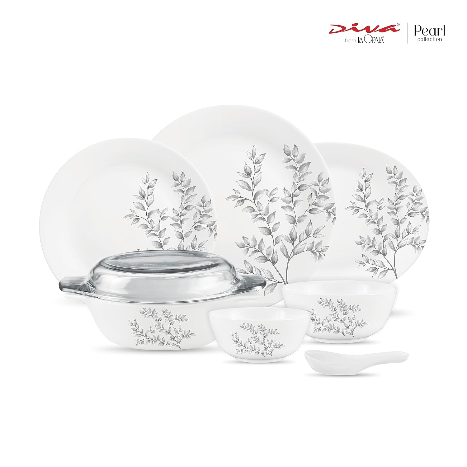 Diva by La Opala, Pearl Collection, Opal Glass Dinner Set 35 pcs, Dusky Vines, White