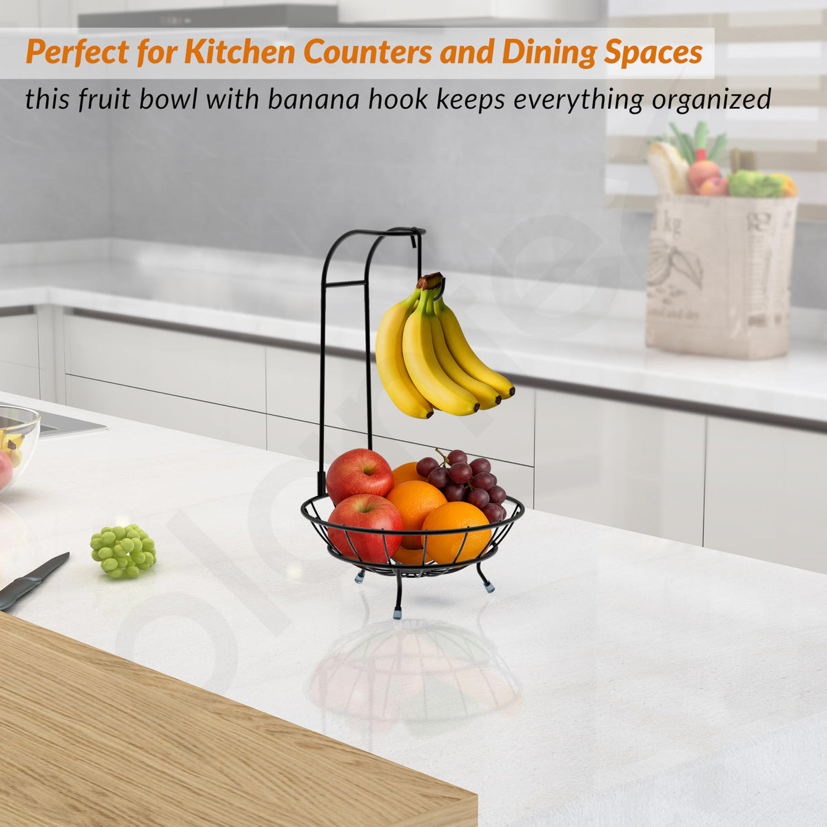 Plantex Metal Fruit Basket with Hook/2-in-1 Banana Stand/Fruit Hanger & Vegetable Bowl for Dining Table & Kitchen -(Black)-5